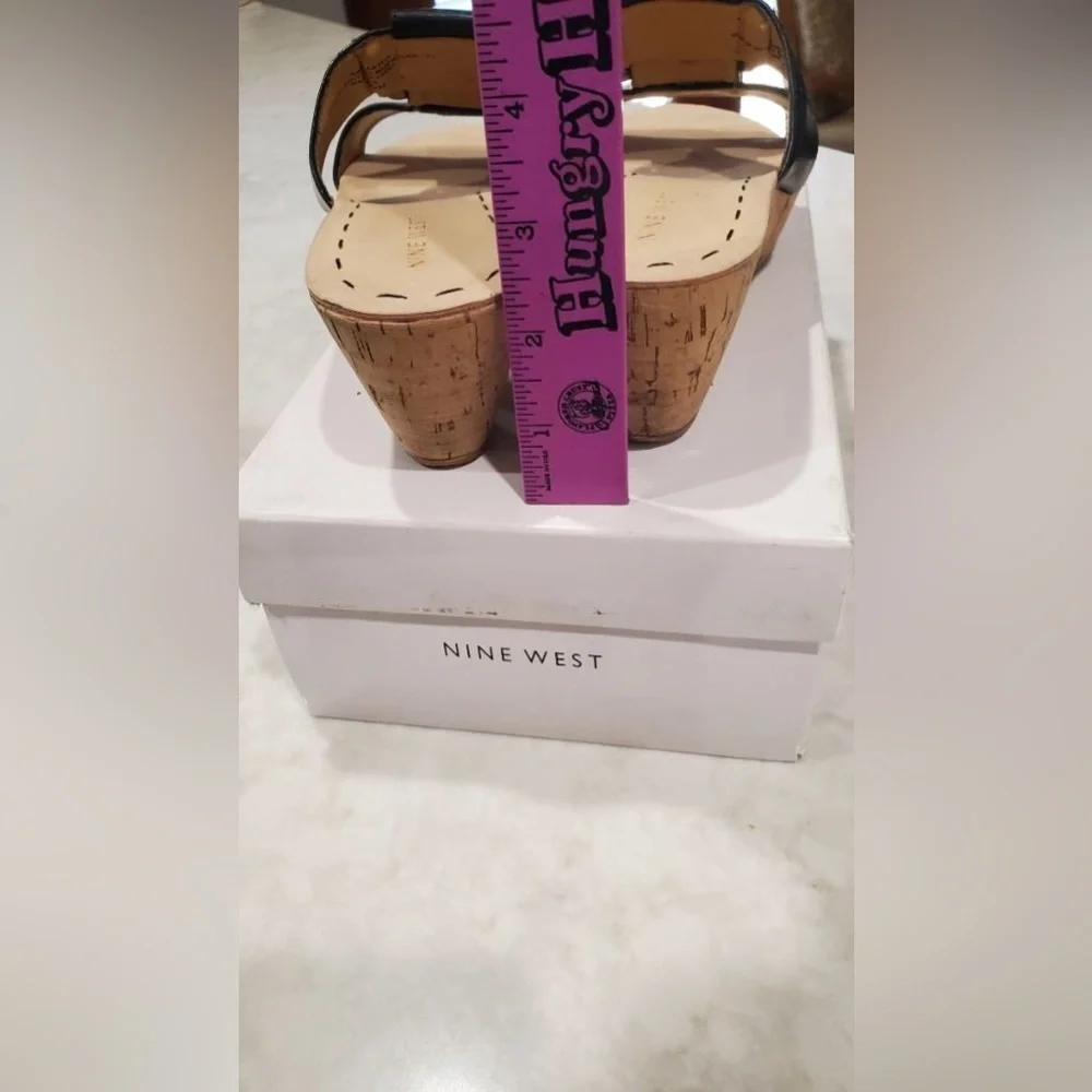 NWT Nine West Cork Wedge Heel Open Toe Slide on Black Leather Sandals Sz…